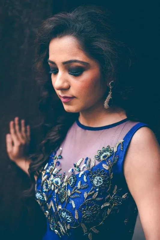 Blue Ruffled Embroidered Floor Length Gown