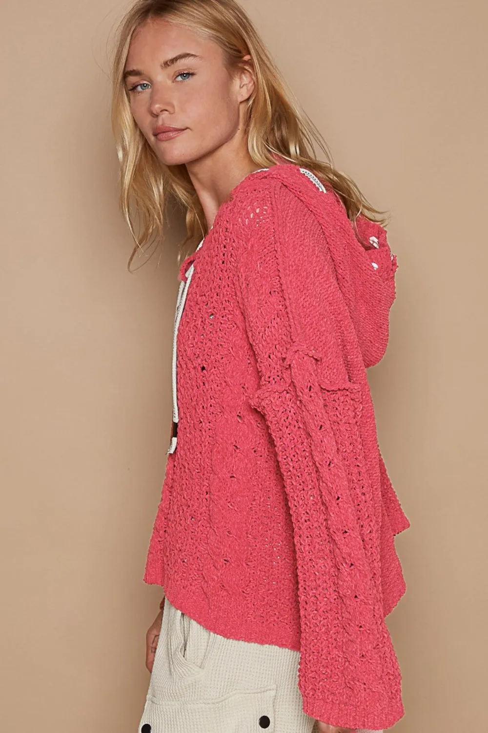 Blue Zone Planet |  POL Cable Knit Hooded Chenille Sweater
