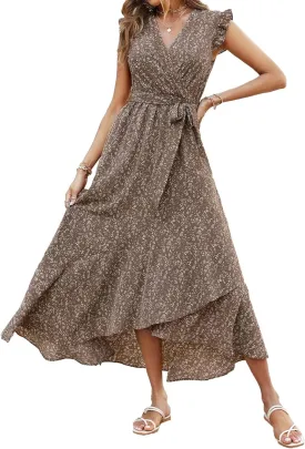 BTFBM Summer Floral Maxi Dress for Women 2025 Vacation Ruffle Sleeve V Neck Belt Wrap Spring Beach Wedding Guest Dresses