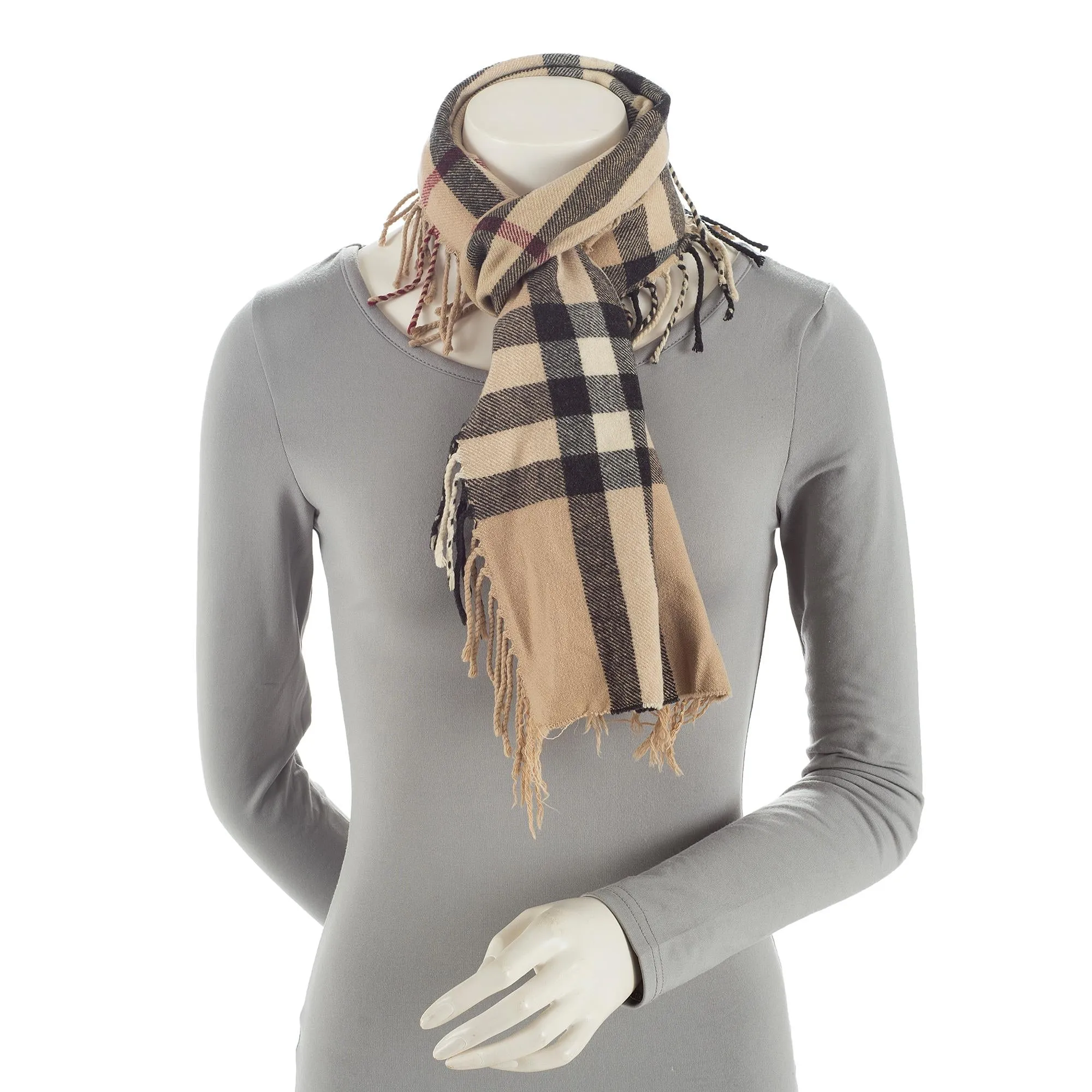 Burberry Classic Check Cashmere Happy Plaid Fringe Scarf (SHF-23005)