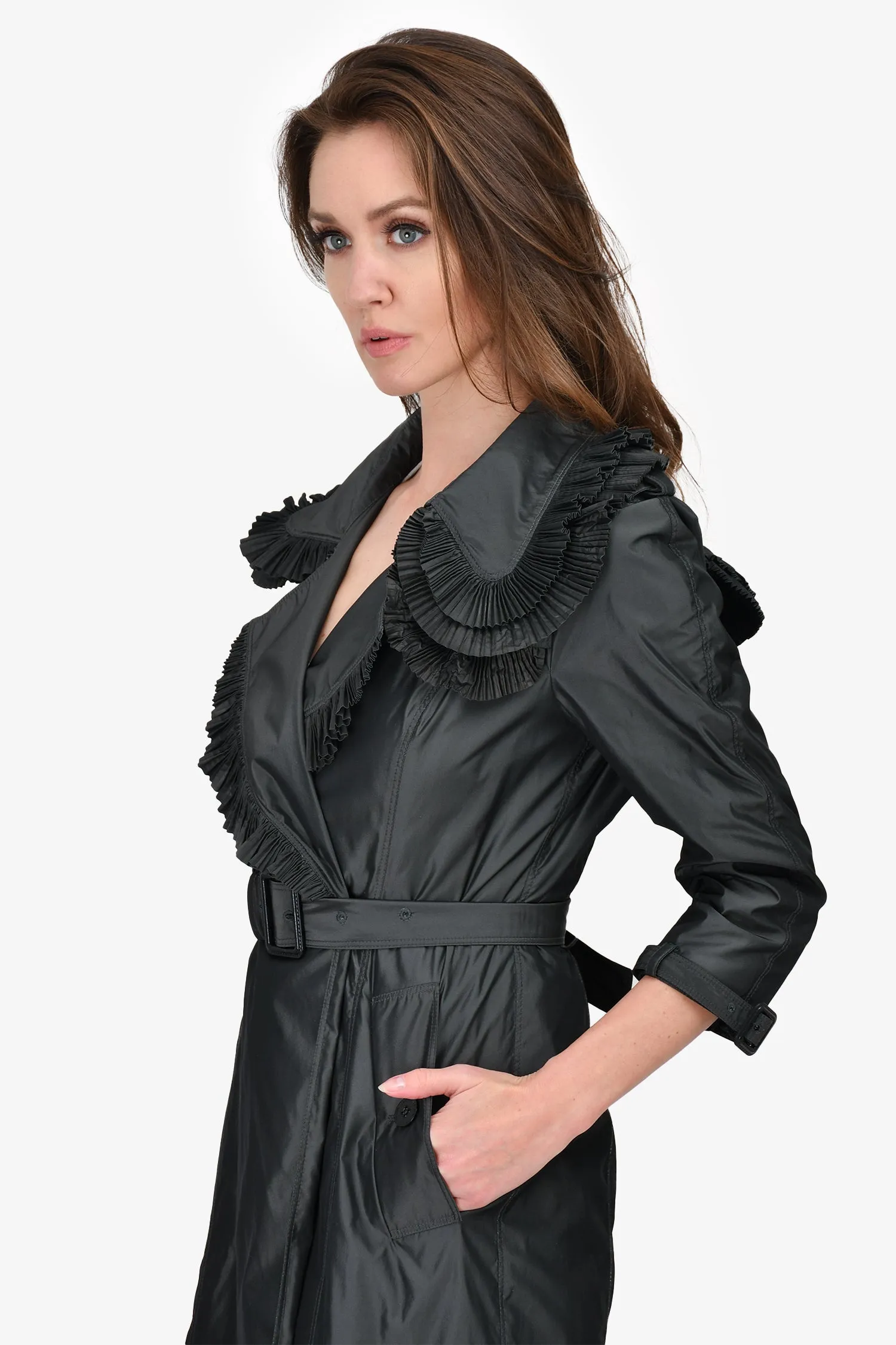 Burberry Prorsum Grey Nylon Ruffle Cropped Sleeve Trench Coat Size 40