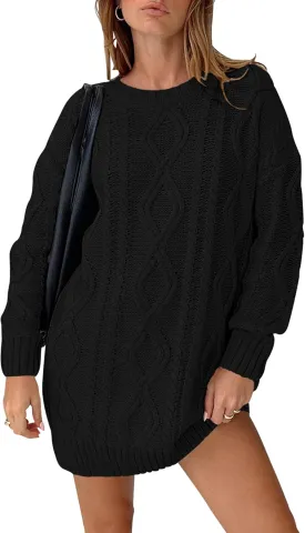 Cakulo Womens Oversized Chunky Cable Knit Mini Sweater Dress 2025 Fall Winter Pullover Long Sweaters Knitted Dresses