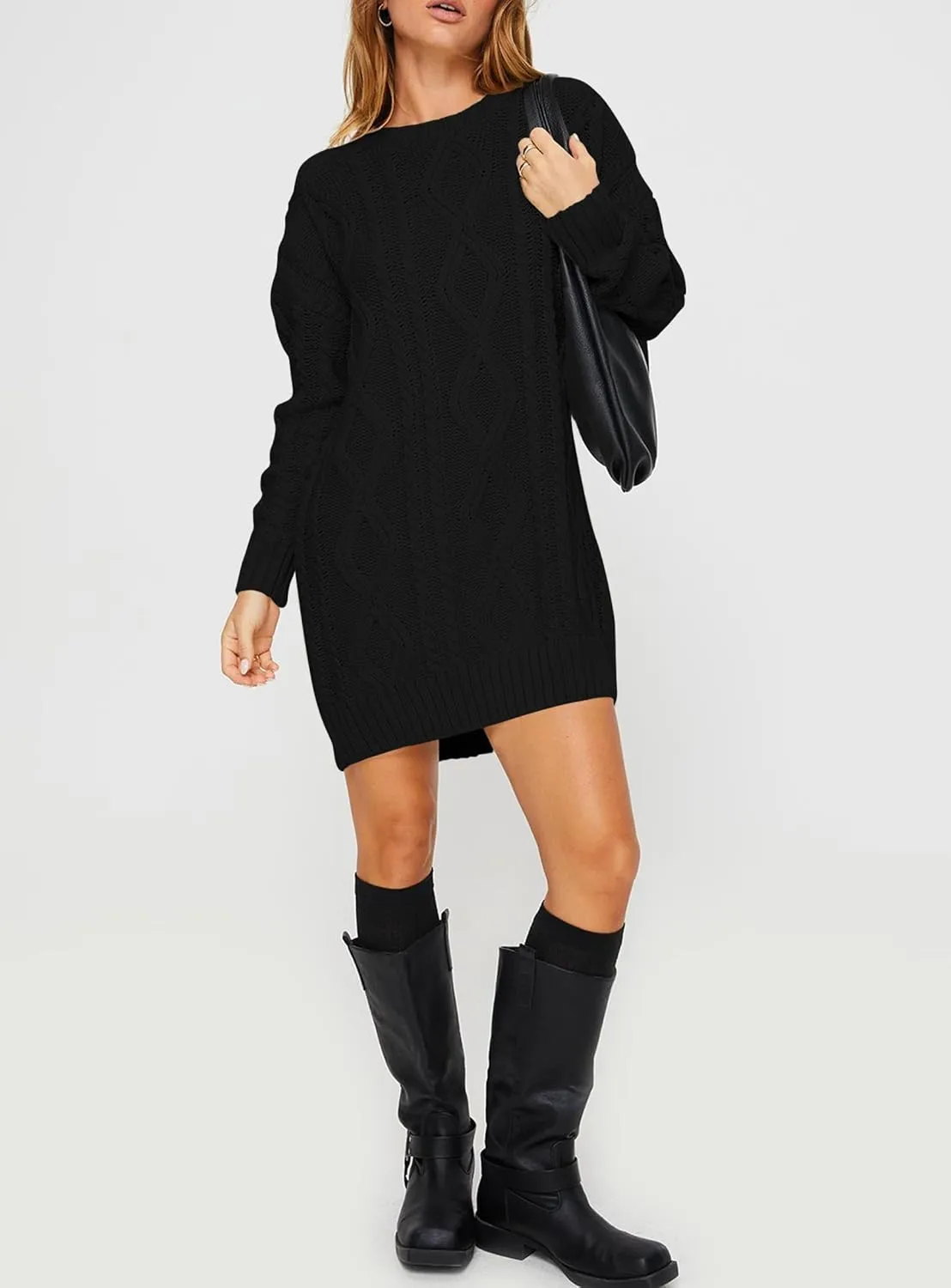 Cakulo Womens Oversized Chunky Cable Knit Mini Sweater Dress 2025 Fall Winter Pullover Long Sweaters Knitted Dresses