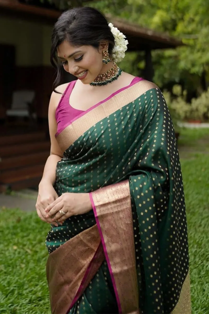 Charismatic Dark Green Soft Silk Saree With Elaborate Blouse Piece