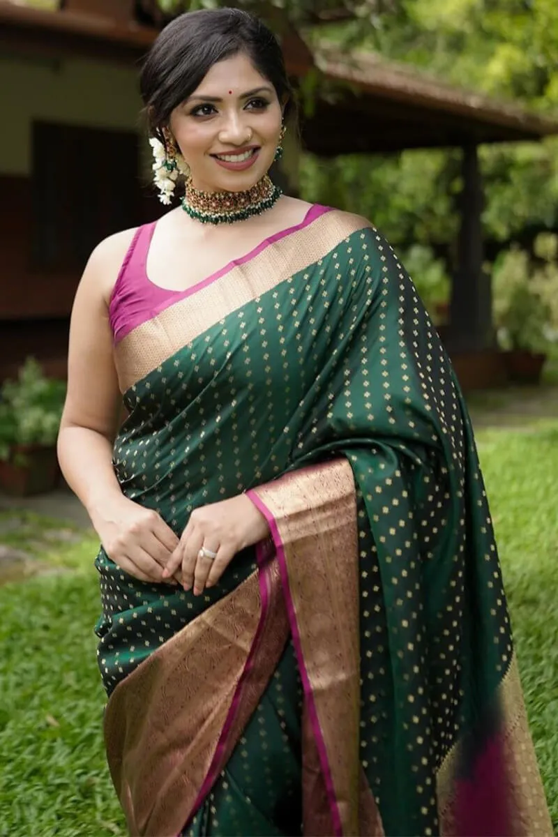 Charismatic Dark Green Soft Silk Saree With Elaborate Blouse Piece