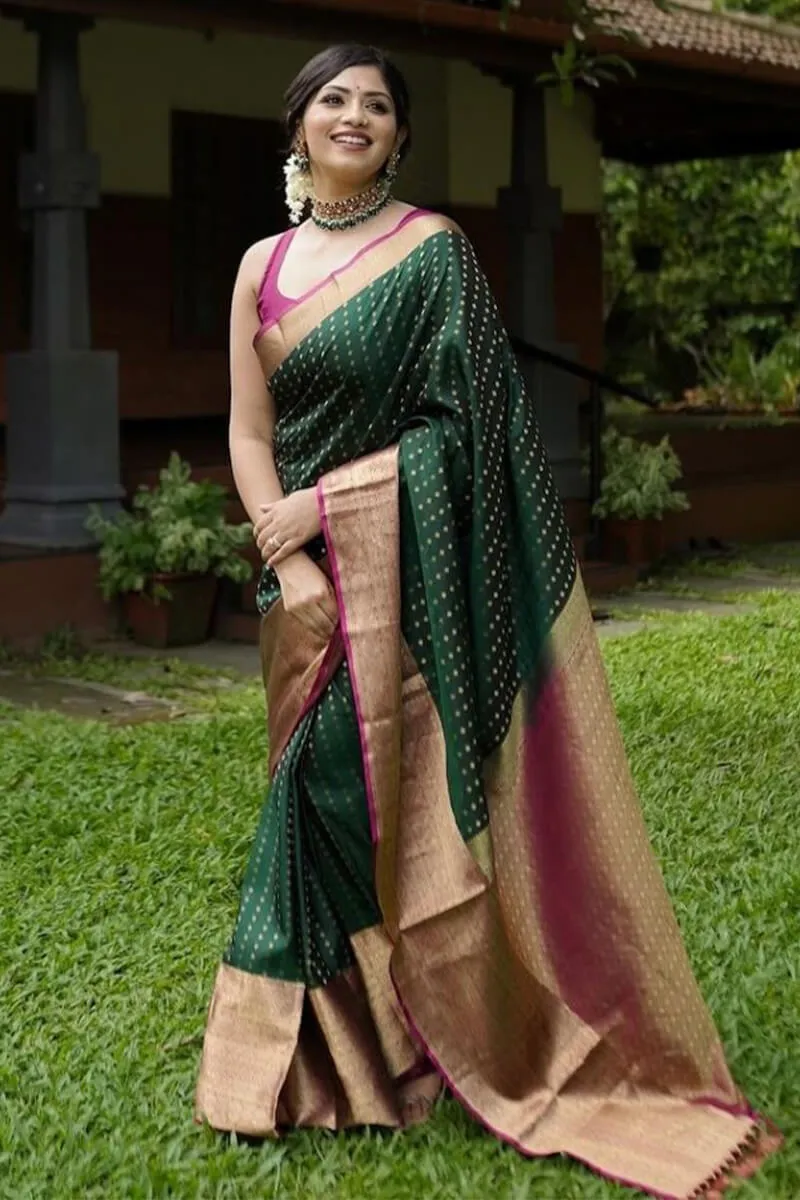 Charismatic Dark Green Soft Silk Saree With Elaborate Blouse Piece