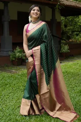 Charismatic Dark Green Soft Silk Saree With Elaborate Blouse Piece