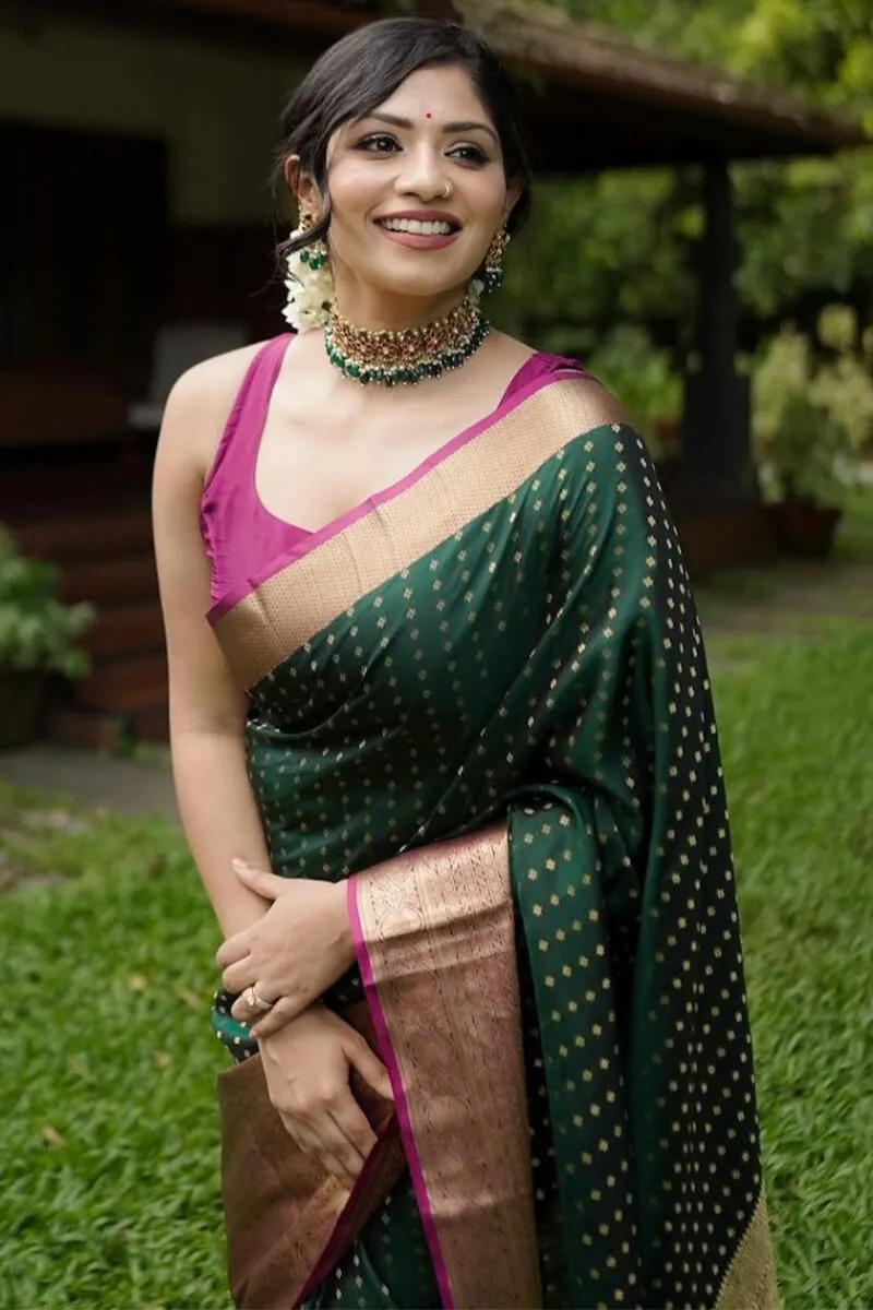 Charismatic Dark Green Soft Silk Saree With Elaborate Blouse Piece