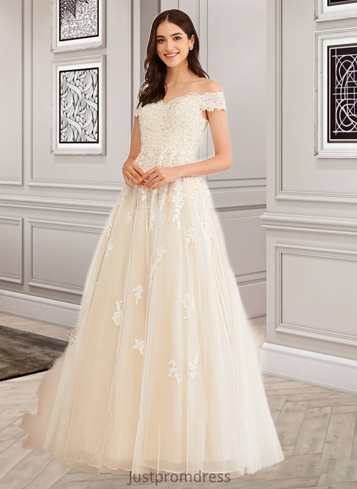 Charlotte Ball-Gown/Princess Off-the-Shoulder Floor-Length Wedding Dress With Beading Sequins HHP0013765