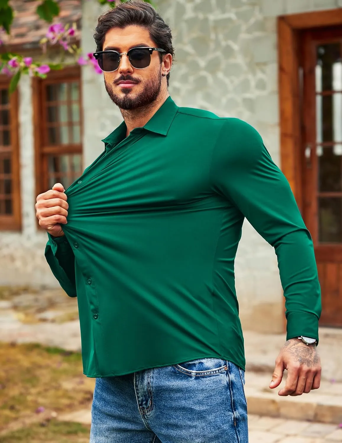 COOFANDY Men's Muscle Fit Dress Shirts Wrinkle Free Long Sleeve Button Down Shirt Stretch Business Shirt