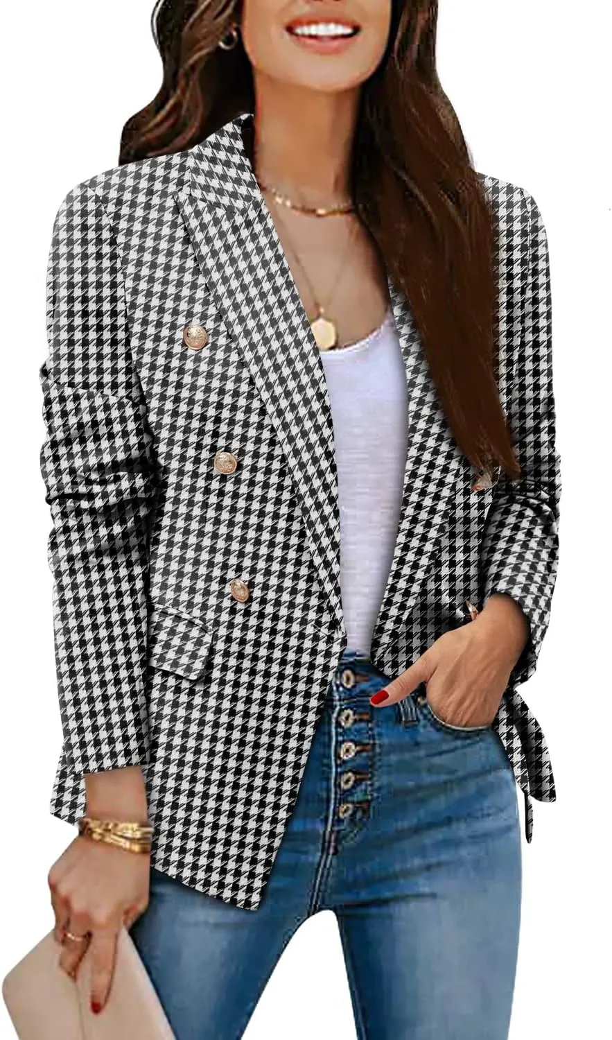 CRAZY GRID Womens Casual Blazer Jacket Gold Button Long Sleeve Work 0ffice Blazer Lapel Open Front Jacket