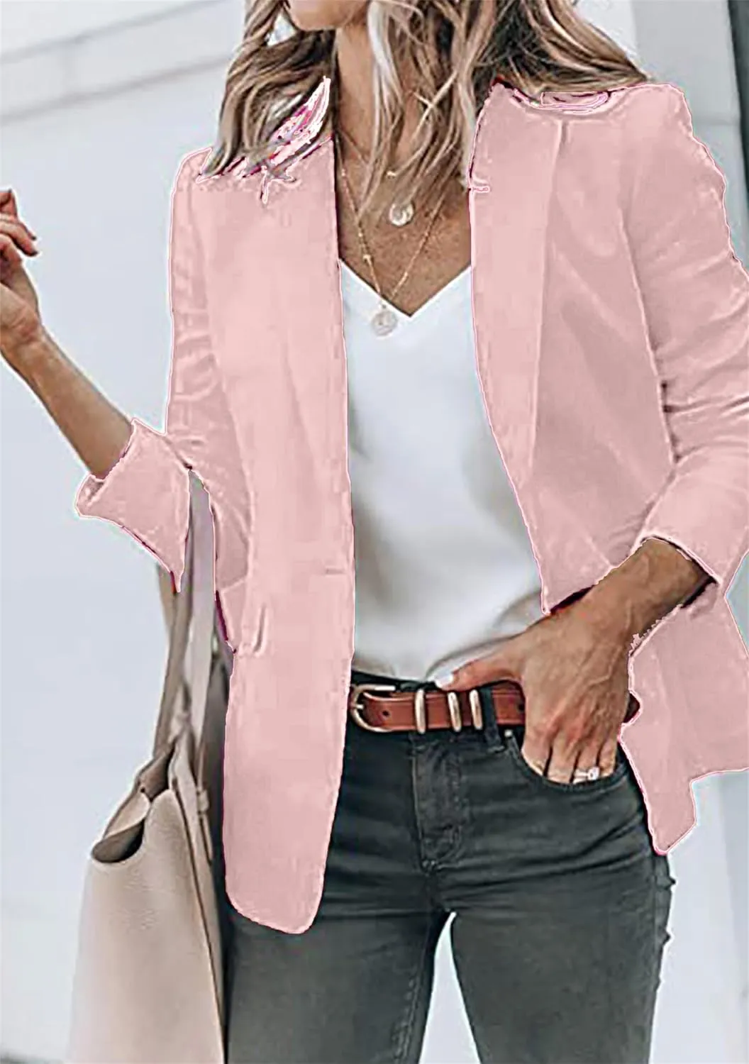 DIACACY Women's Lapel Open Front Work Blazer One Button Long Sleeve Jackets Office Solid Color Cardigan with Pockets