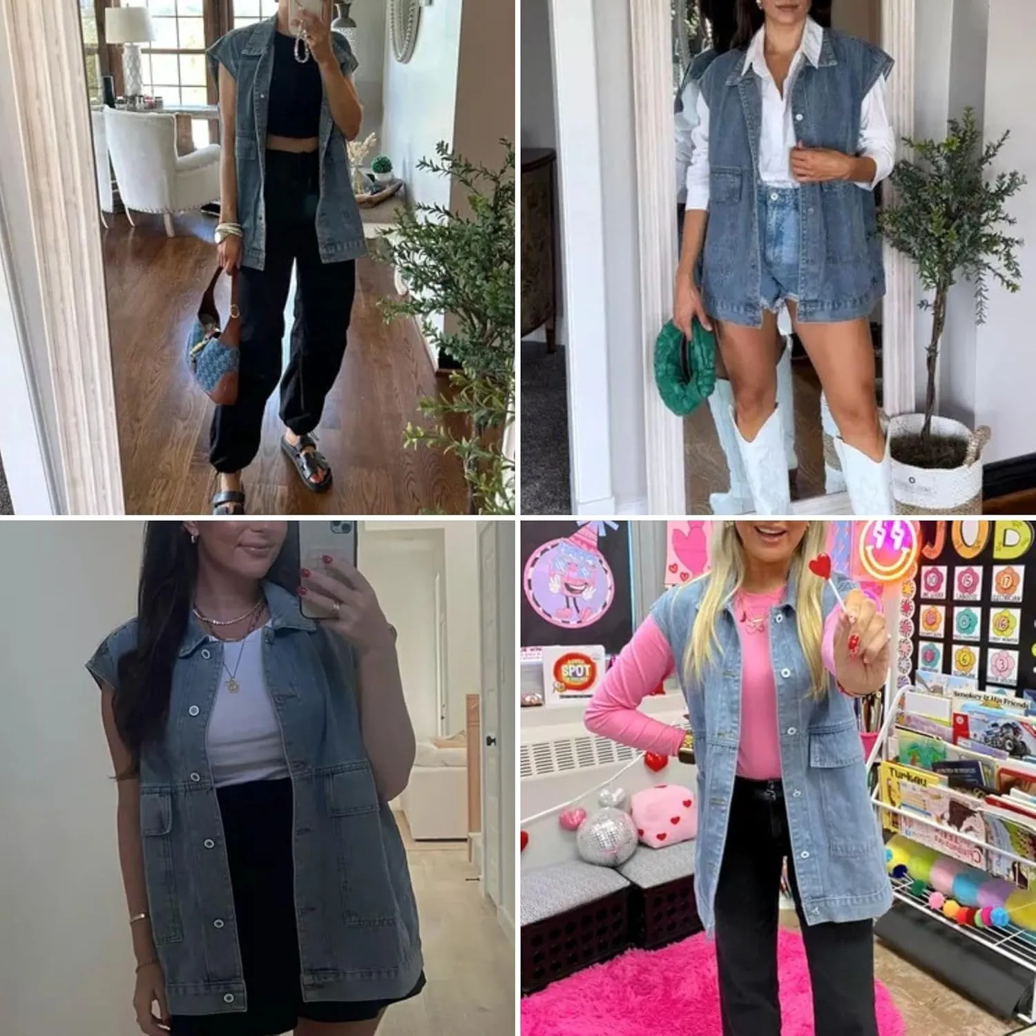 FindThy Womens Vintage Denim Jean Vest Oversized Button Down Jean Waistcoat Gilet