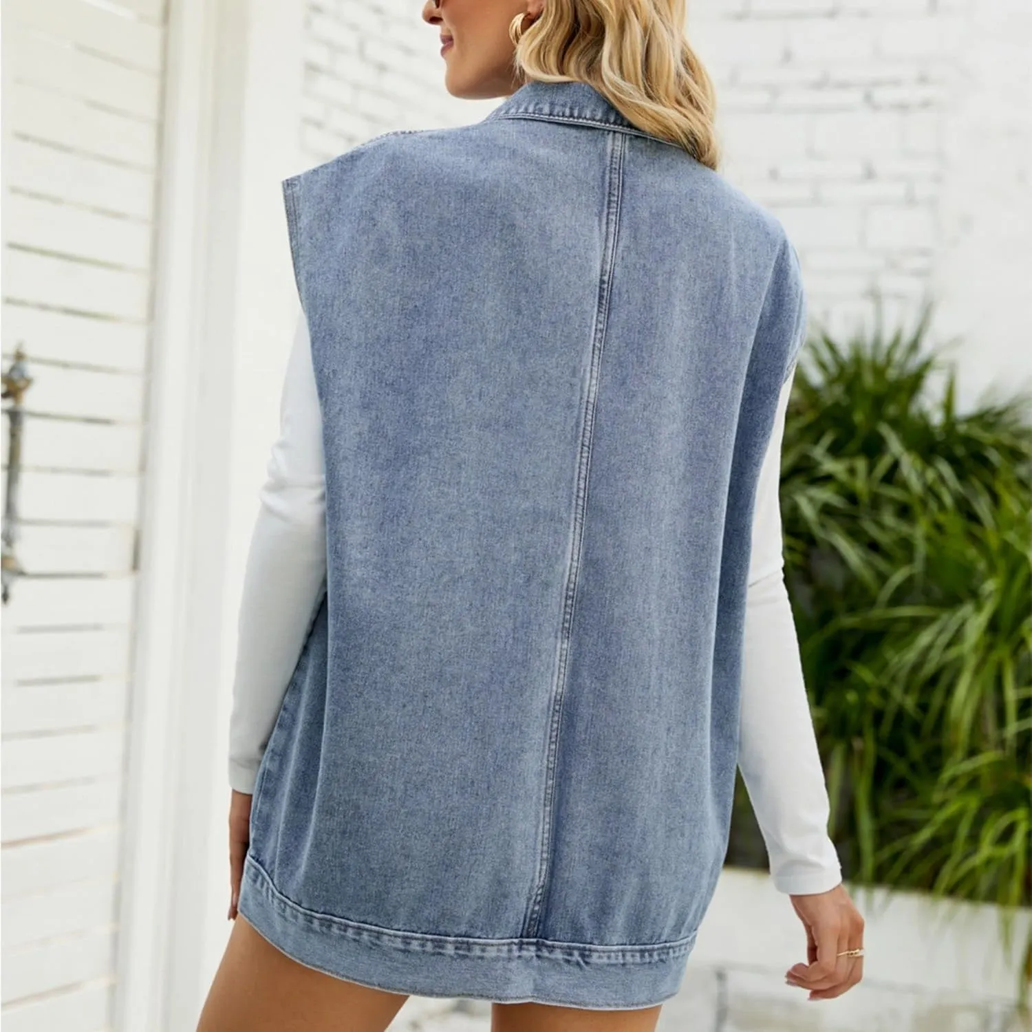 FindThy Womens Vintage Denim Jean Vest Oversized Button Down Jean Waistcoat Gilet