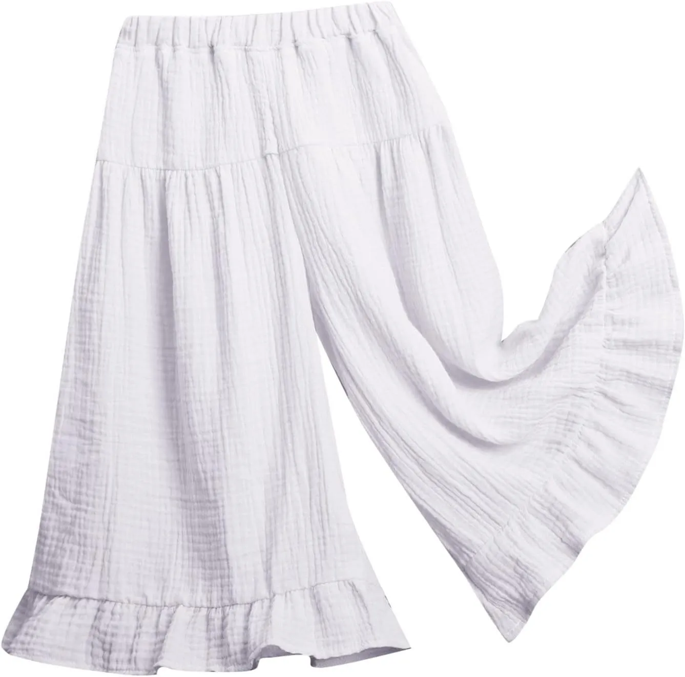 Girls Cotton Pleated Pants Wide Leg Flowy Culottes Pants Elastic Waist Trousers Comfy Casual Loose Jogger Clothes