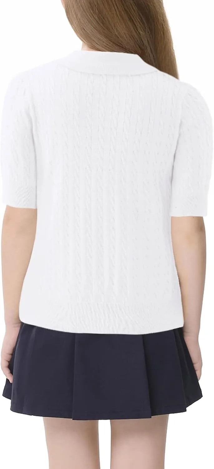 Girls Short Sleeve Polo Shirt Summer Knit School Uniform Blouse V Neck Cable Pullover Sweater Tops 5-14 Years