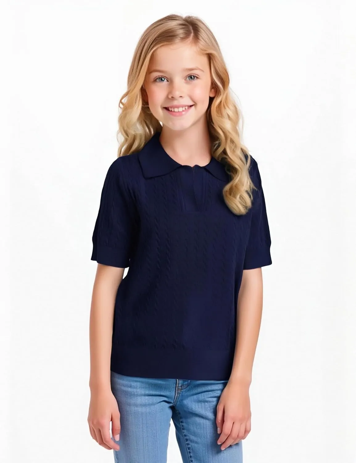 Girls Short Sleeve Polo Shirt Summer Knit School Uniform Blouse V Neck Cable Pullover Sweater Tops 5-14 Years