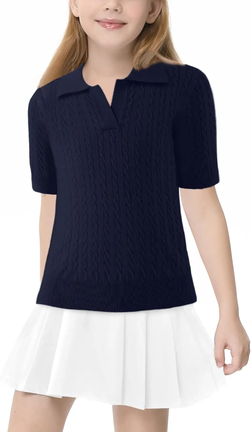 Girls Short Sleeve Polo Shirt Summer Knit School Uniform Blouse V Neck Cable Pullover Sweater Tops 5-14 Years
