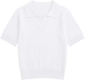 Girls Short Sleeve Polo Shirt Summer Knit School Uniform Blouse V Neck Cable Pullover Sweater Tops 5-14 Years