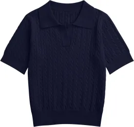 Girls Short Sleeve Polo Shirt Summer Knit School Uniform Blouse V Neck Cable Pullover Sweater Tops 5-14 Years