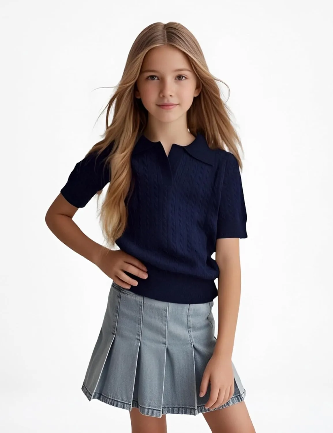 Girls Short Sleeve Polo Shirt Summer Knit School Uniform Blouse V Neck Cable Pullover Sweater Tops 5-14 Years