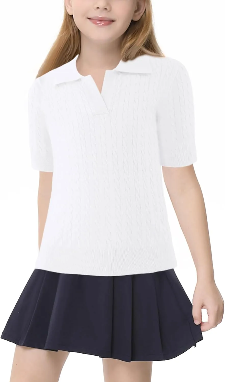 Girls Short Sleeve Polo Shirt Summer Knit School Uniform Blouse V Neck Cable Pullover Sweater Tops 5-14 Years