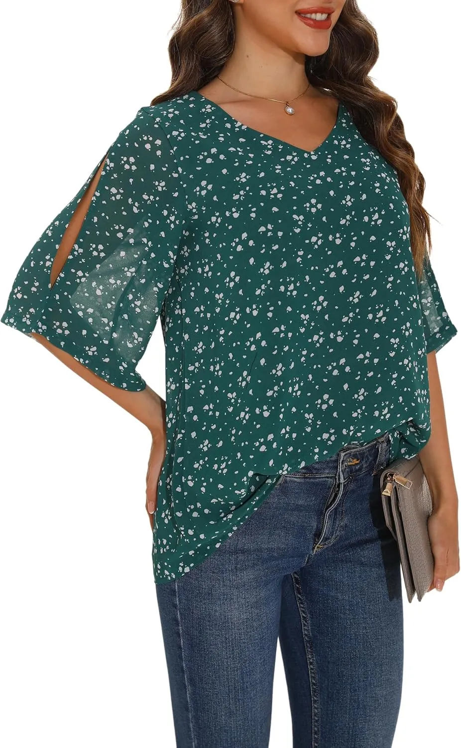GUANYY Women's Ruffle 3/4 Sleeve Chiffon Tops Casual V Neck Double Layers Sheer Blouses Business Work Dressy Shirt S-XXL