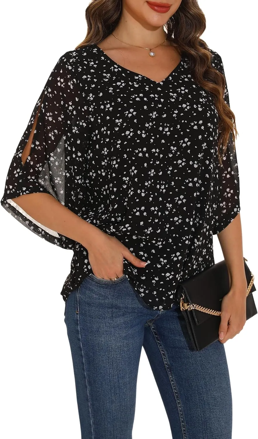 GUANYY Women's Ruffle 3/4 Sleeve Chiffon Tops Casual V Neck Double Layers Sheer Blouses Business Work Dressy Shirt S-XXL
