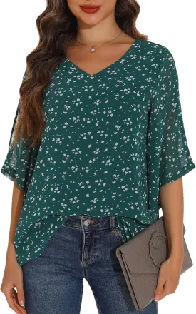 GUANYY Women's Ruffle 3/4 Sleeve Chiffon Tops Casual V Neck Double Layers Sheer Blouses Business Work Dressy Shirt S-XXL