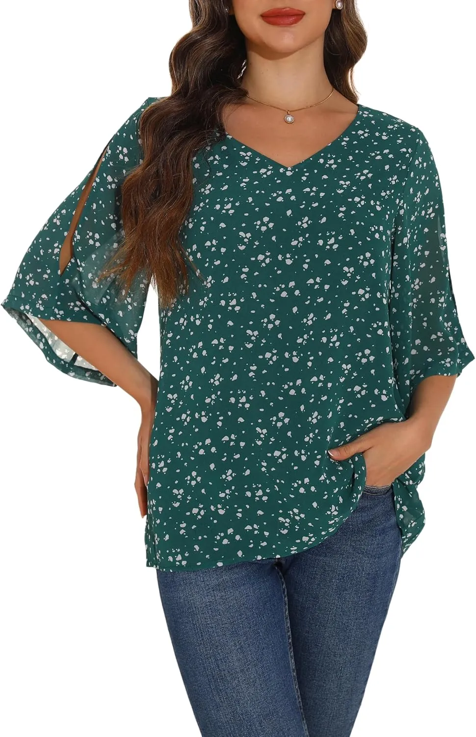 GUANYY Women's Ruffle 3/4 Sleeve Chiffon Tops Casual V Neck Double Layers Sheer Blouses Business Work Dressy Shirt S-XXL
