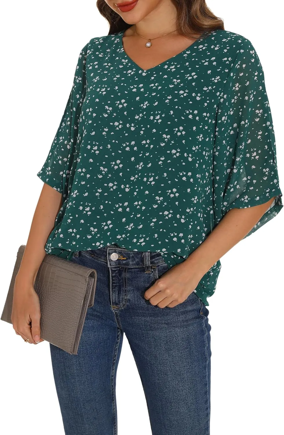 GUANYY Women's Ruffle 3/4 Sleeve Chiffon Tops Casual V Neck Double Layers Sheer Blouses Business Work Dressy Shirt S-XXL