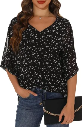 GUANYY Women's Ruffle 3/4 Sleeve Chiffon Tops Casual V Neck Double Layers Sheer Blouses Business Work Dressy Shirt S-XXL