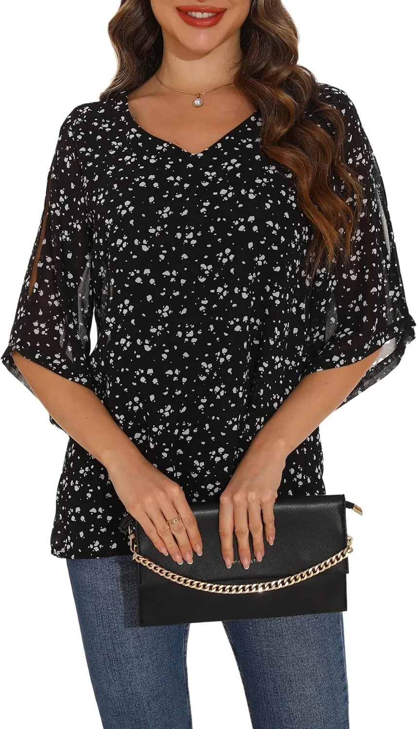 GUANYY Women's Ruffle 3/4 Sleeve Chiffon Tops Casual V Neck Double Layers Sheer Blouses Business Work Dressy Shirt S-XXL