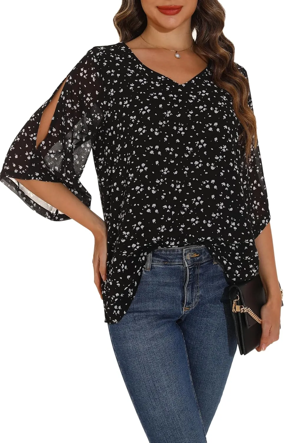 GUANYY Women's Ruffle 3/4 Sleeve Chiffon Tops Casual V Neck Double Layers Sheer Blouses Business Work Dressy Shirt S-XXL