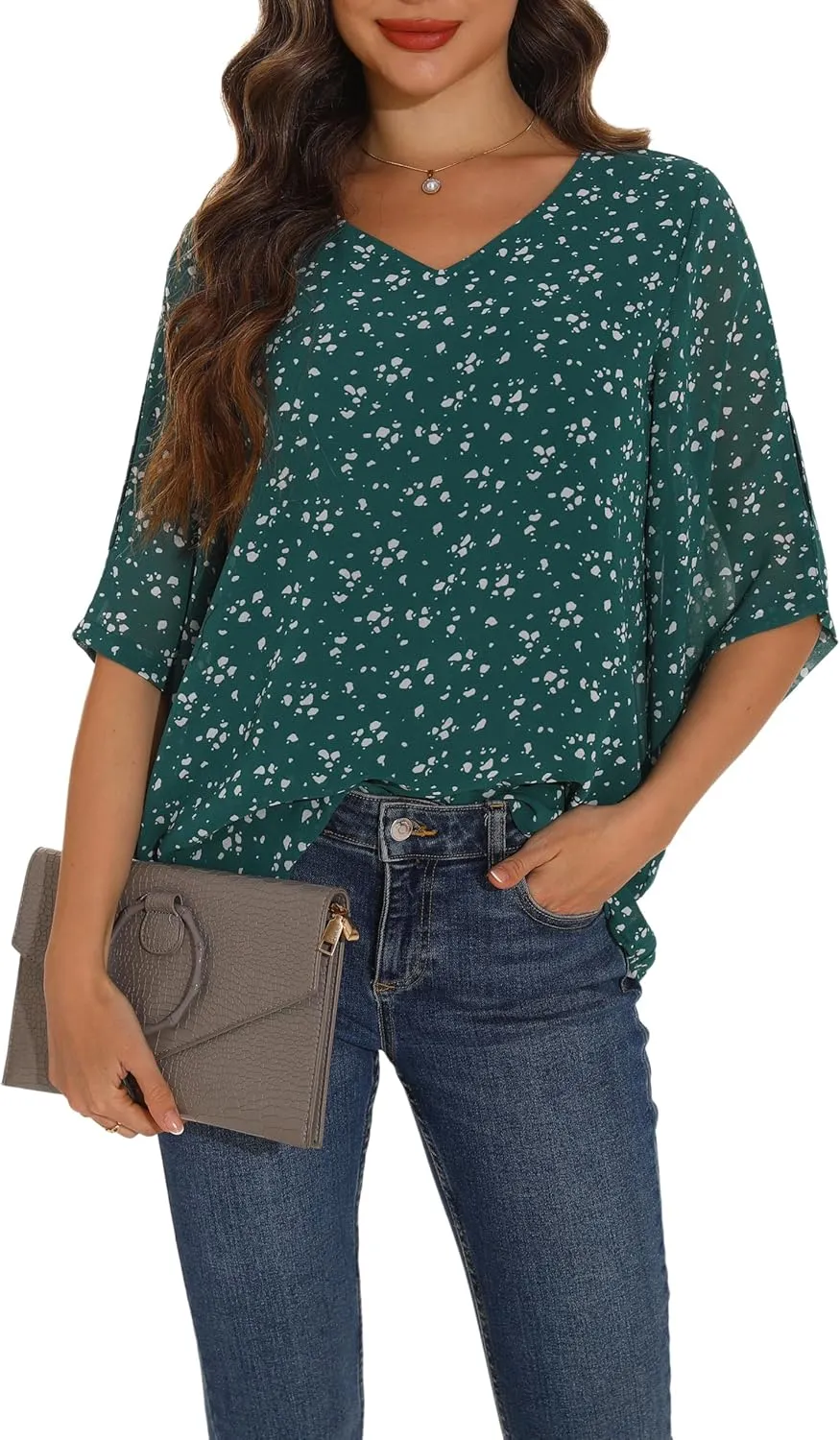 GUANYY Women's Ruffle 3/4 Sleeve Chiffon Tops Casual V Neck Double Layers Sheer Blouses Business Work Dressy Shirt S-XXL