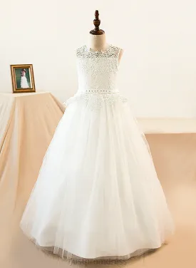 Helena Ball-Gown/PrincessScoopNeckFloor-LengthTulleJuniorBridesmaidDressWithSashBeading#136423 Junior Bridesmaid Dresses