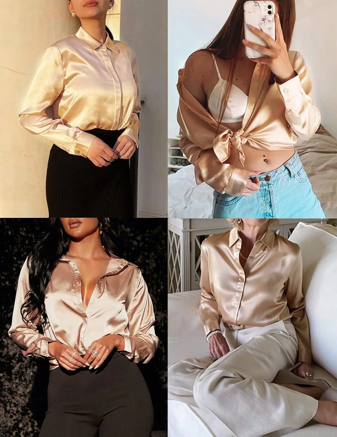 HOTOUCH Women Satin Silk Button Down Shirt Ladies Long Sleeve Tops V Neck Loose Blouse Dressy Business Casual Work Tunic Fall