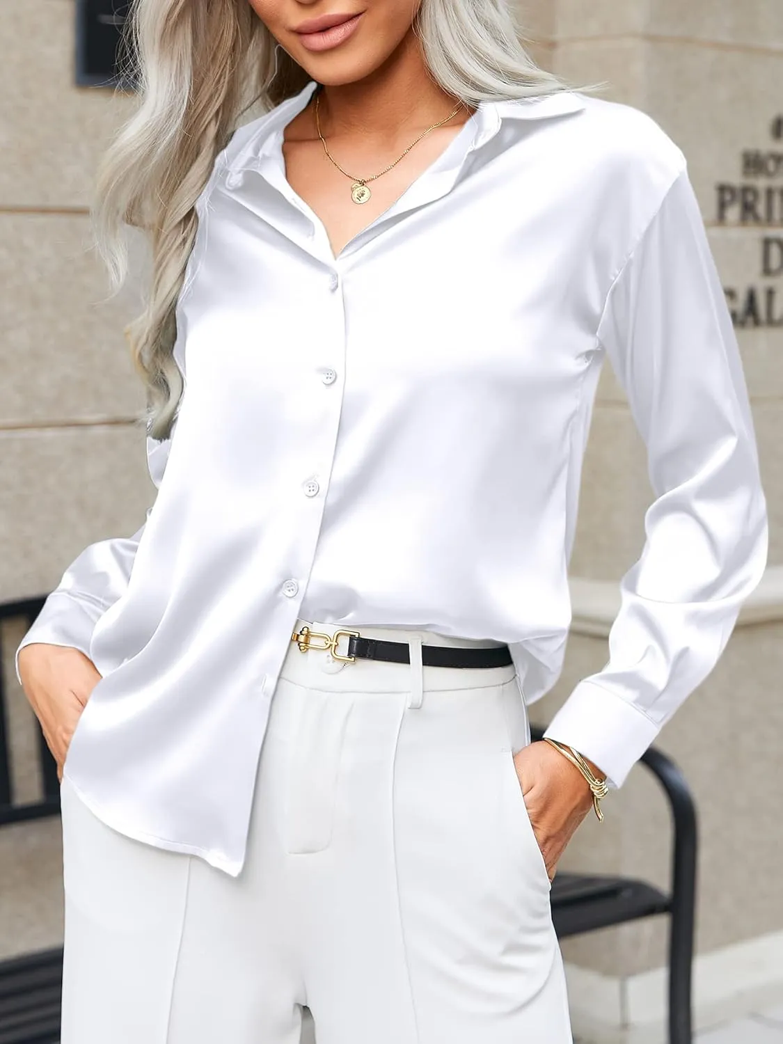 HOTOUCH Women Satin Silk Button Down Shirt Ladies Long Sleeve Tops V Neck Loose Blouse Dressy Business Casual Work Tunic Fall