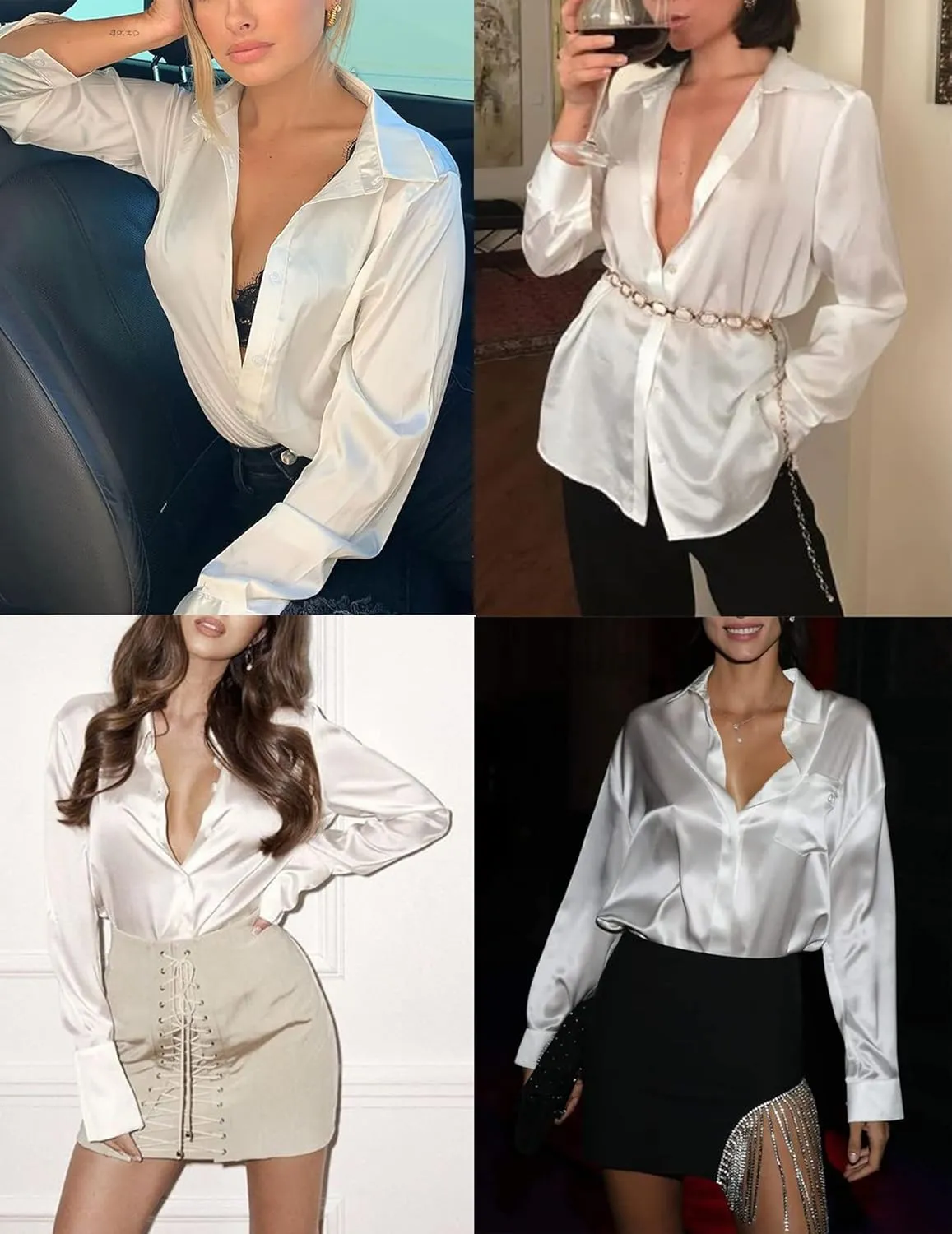 HOTOUCH Women Satin Silk Button Down Shirt Ladies Long Sleeve Tops V Neck Loose Blouse Dressy Business Casual Work Tunic Fall