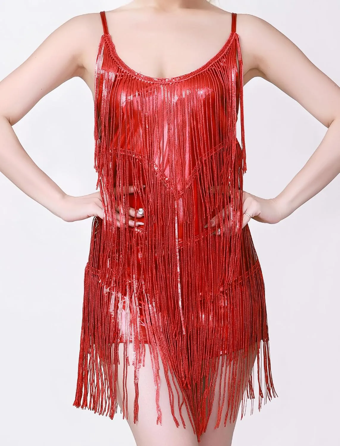 IBAKOM Women Fringe Latin Dance Dress Sexy Lace Up Back Sparkly Sequin Tassel Jumpsuit Teen Metllic Ballroom Dance Romper