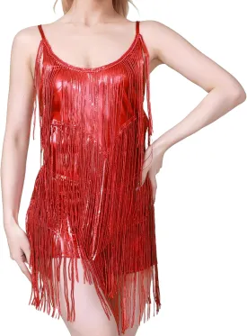 IBAKOM Women Fringe Latin Dance Dress Sexy Lace Up Back Sparkly Sequin Tassel Jumpsuit Teen Metllic Ballroom Dance Romper