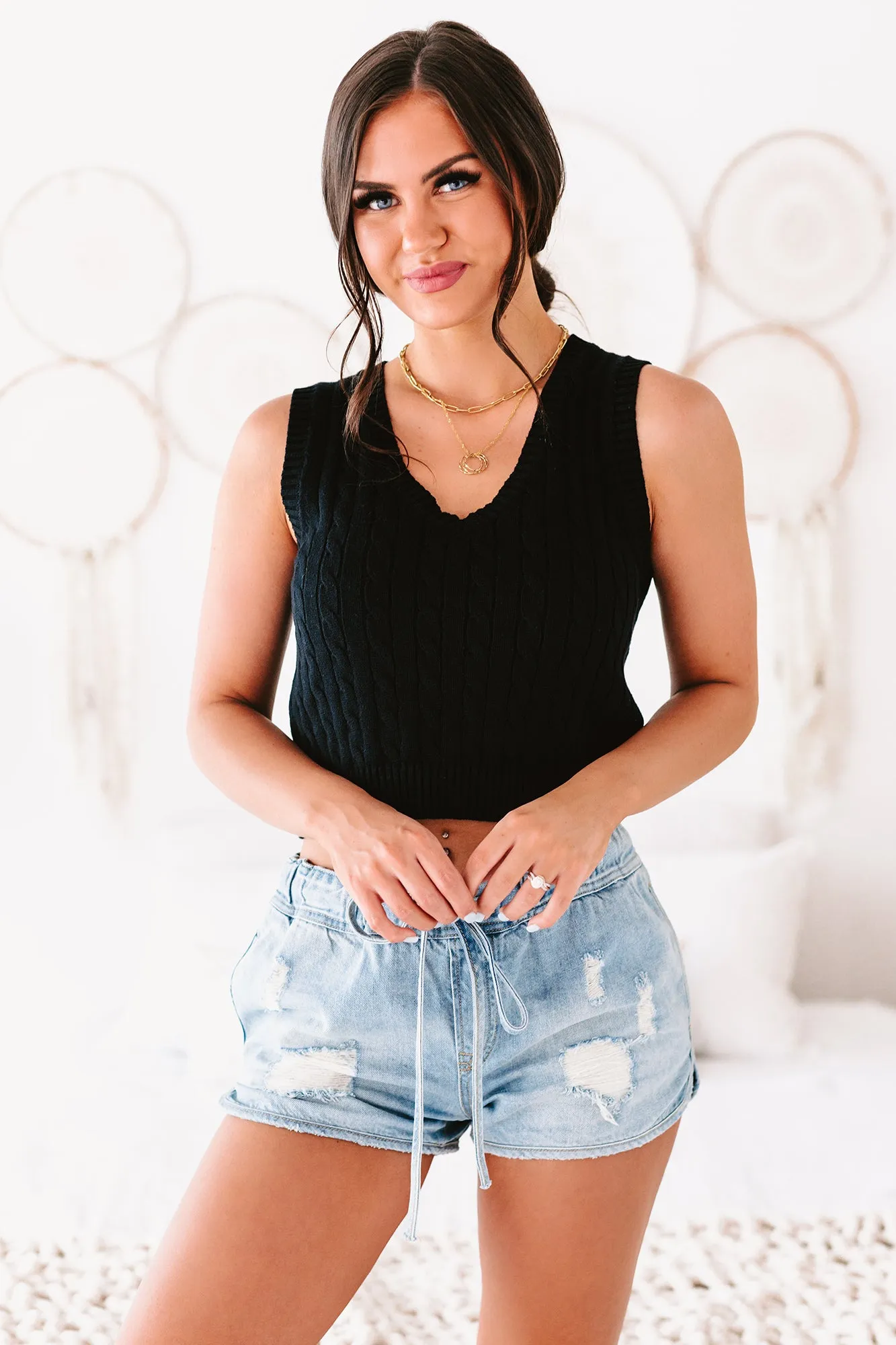 Intellectual Pursuits Cable Knit Cropped Sweater Vest (Black)