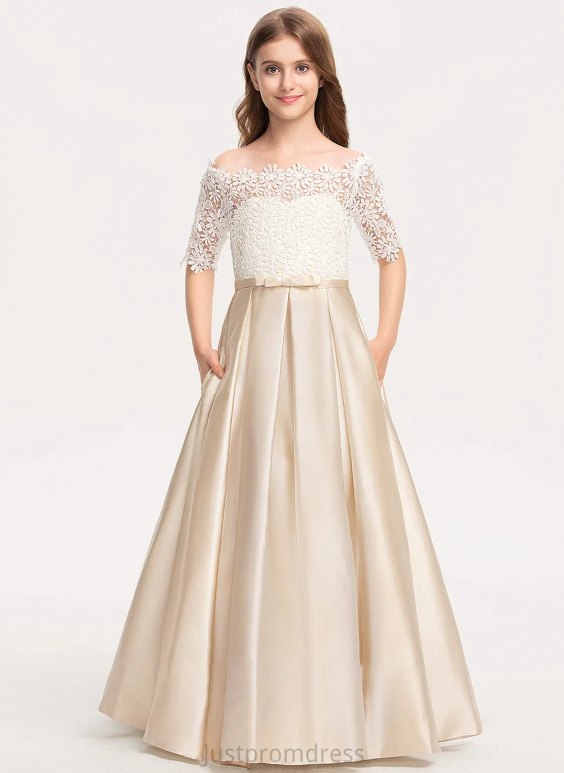 Junior Bridesmaid Dresses With Off-the-Shoulder Jeanie Floor-Length Bow(s) Pockets Lace Ball-Gown/Princess Satin