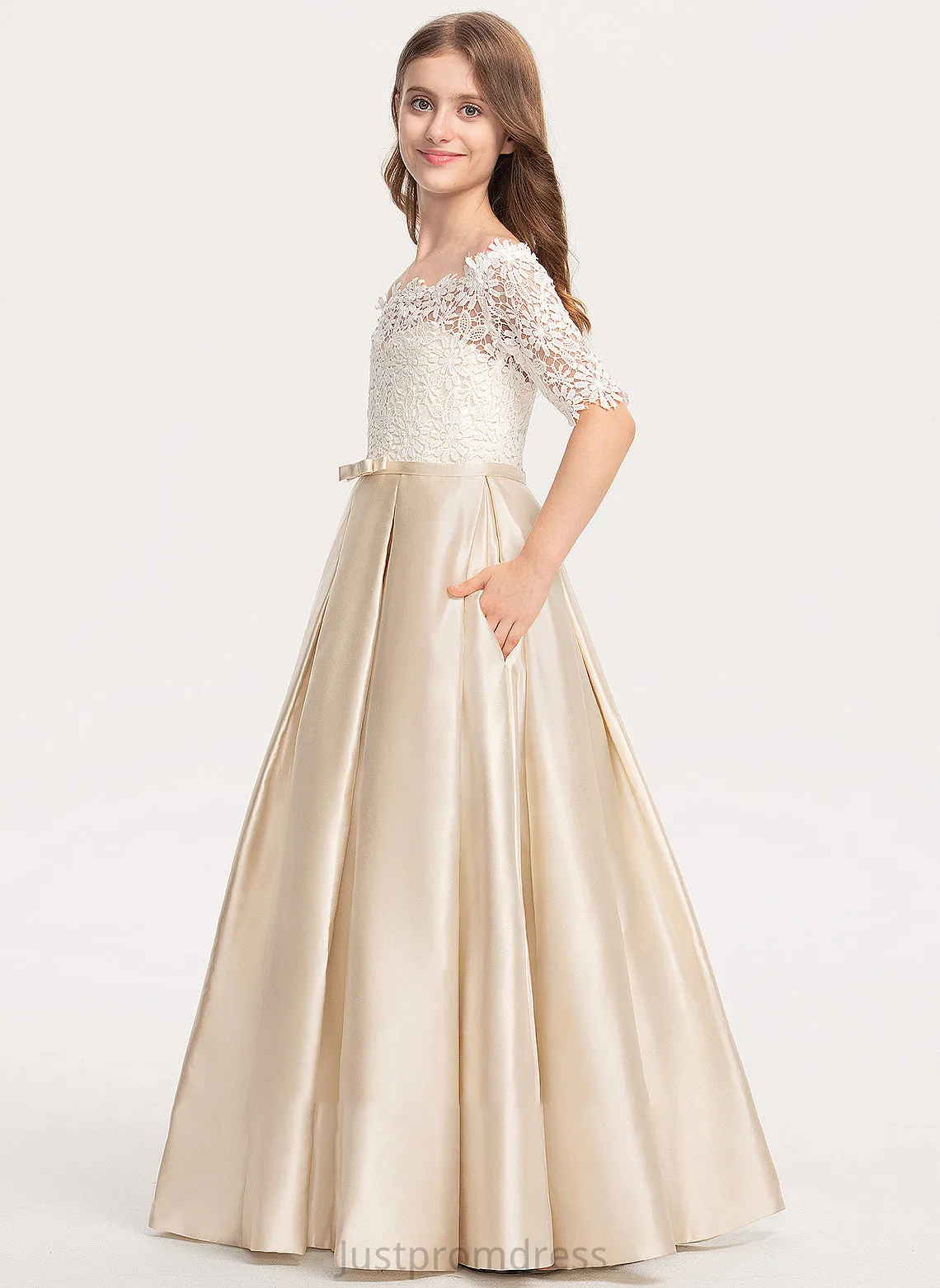 Junior Bridesmaid Dresses With Off-the-Shoulder Jeanie Floor-Length Bow(s) Pockets Lace Ball-Gown/Princess Satin
