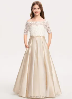 Junior Bridesmaid Dresses With Off-the-Shoulder Jeanie Floor-Length Bow(s) Pockets Lace Ball-Gown/Princess Satin