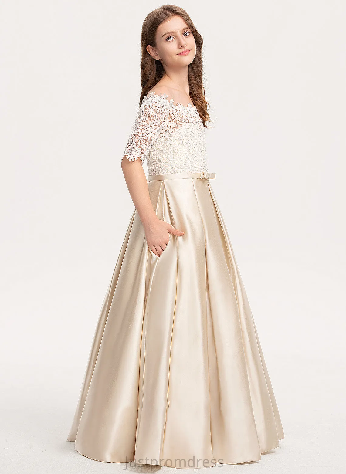 Junior Bridesmaid Dresses With Off-the-Shoulder Jeanie Floor-Length Bow(s) Pockets Lace Ball-Gown/Princess Satin
