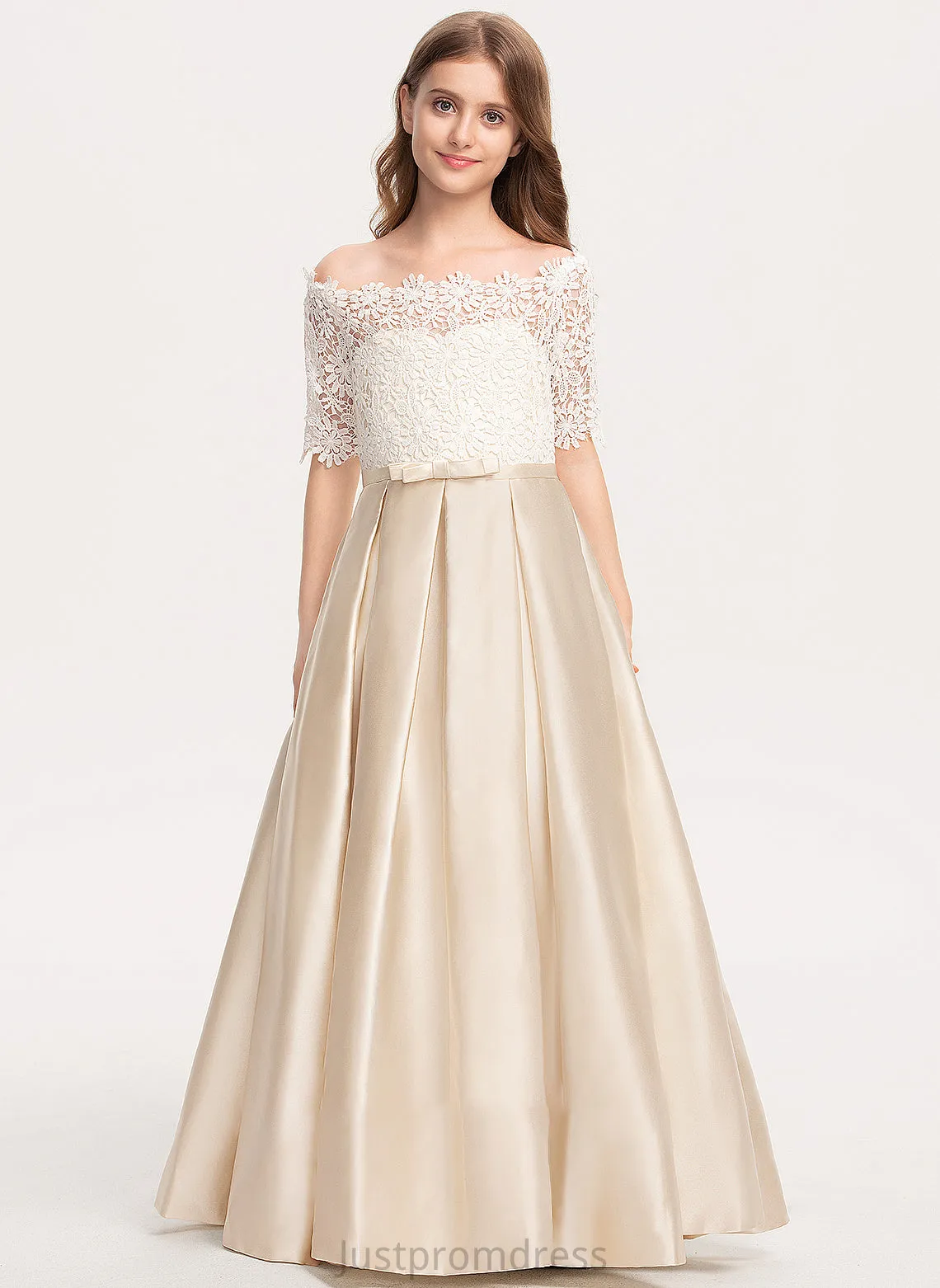 Junior Bridesmaid Dresses With Off-the-Shoulder Jeanie Floor-Length Bow(s) Pockets Lace Ball-Gown/Princess Satin