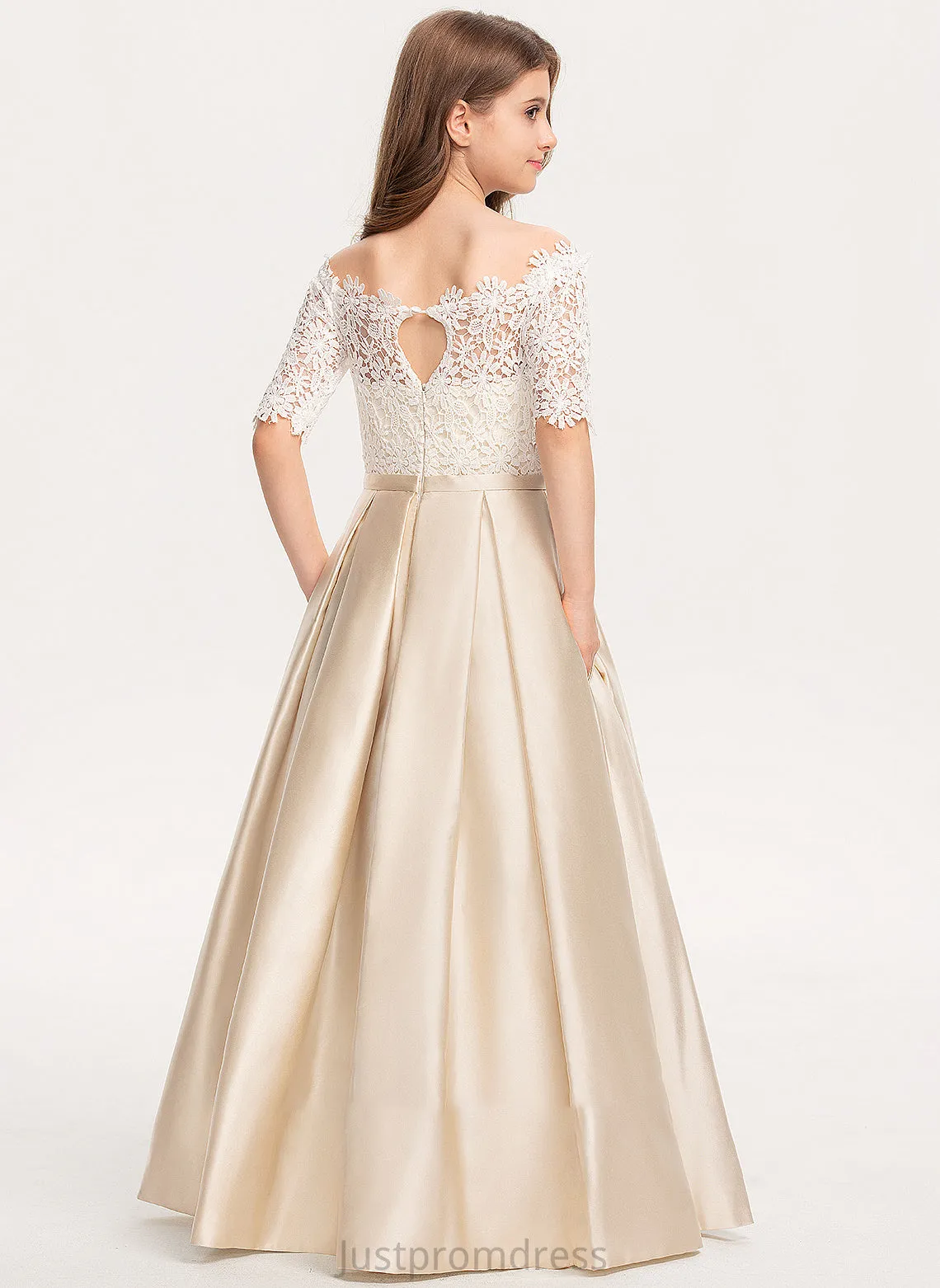 Junior Bridesmaid Dresses With Off-the-Shoulder Jeanie Floor-Length Bow(s) Pockets Lace Ball-Gown/Princess Satin