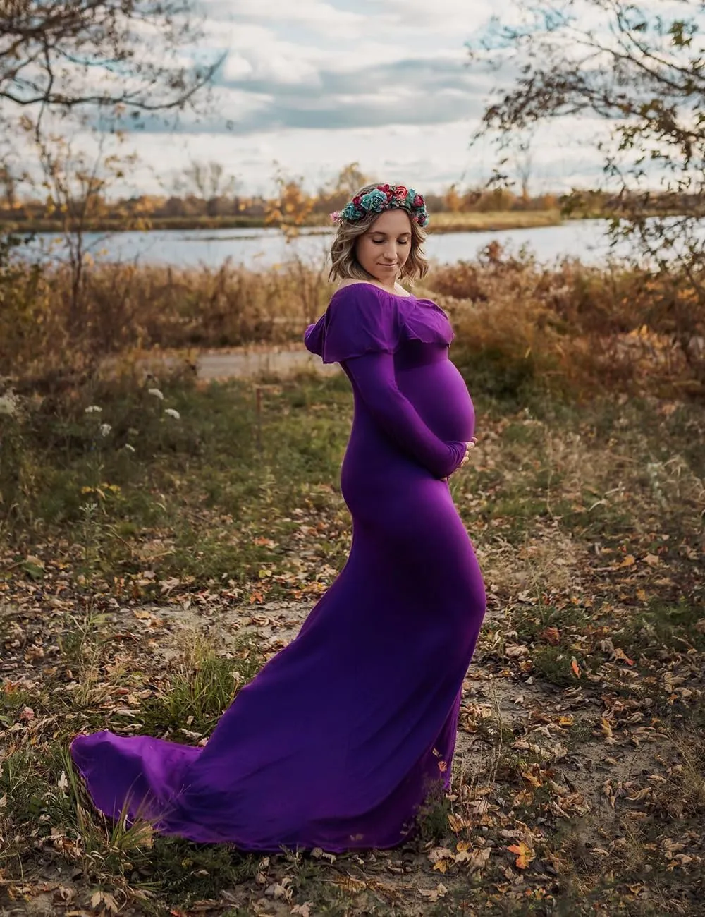 JustVH Maternity Fitted Elegant Gown Long Sleeve Off Shoulder Ruffles Maxi Photography Dress for Photoshoot