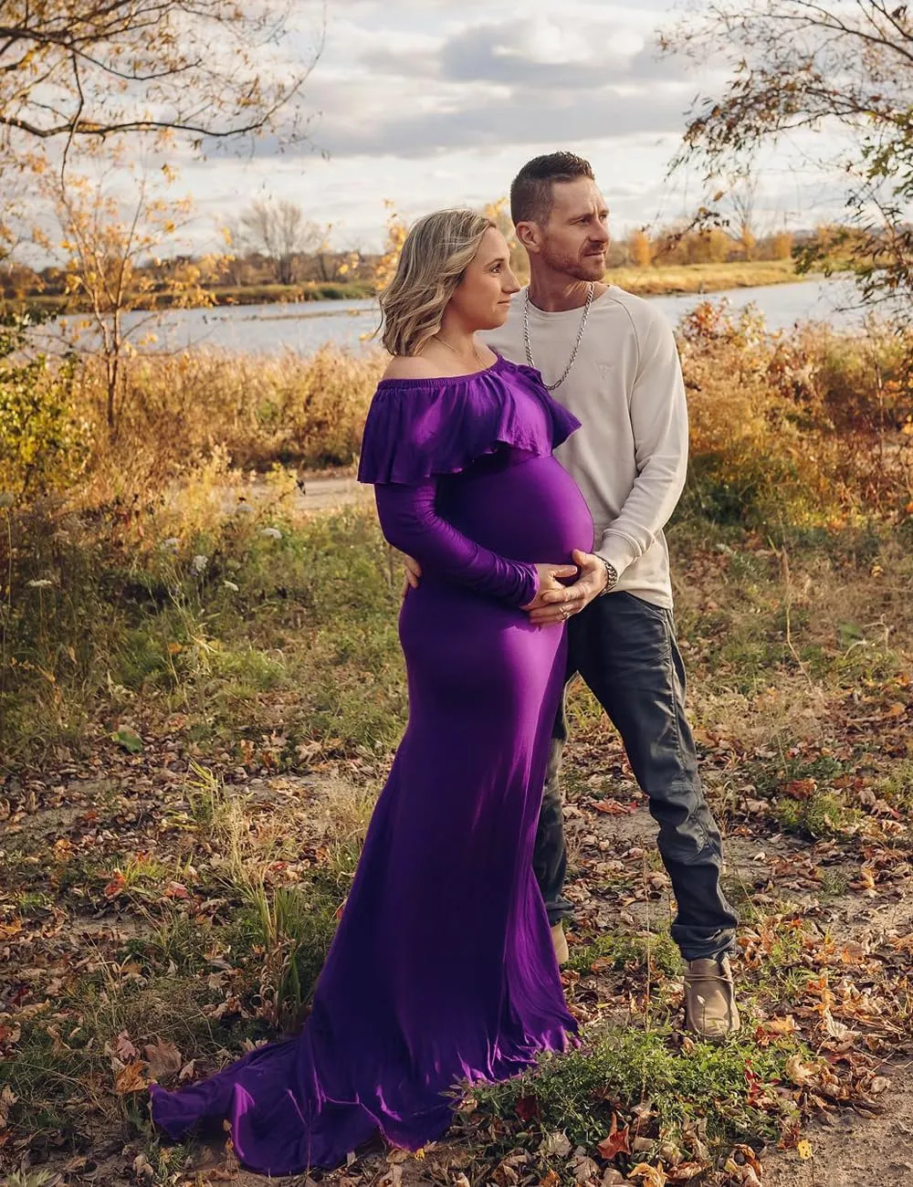 JustVH Maternity Fitted Elegant Gown Long Sleeve Off Shoulder Ruffles Maxi Photography Dress for Photoshoot